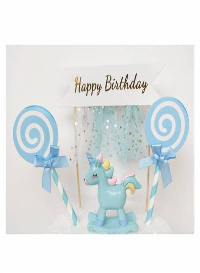 OM KRAFT Cute Unicorn Cake Topper Set | Birthday Party & Celebration Cake Decorations | Blue Fantasy Theme with Hearts, Lollipops & Banner - Image 2